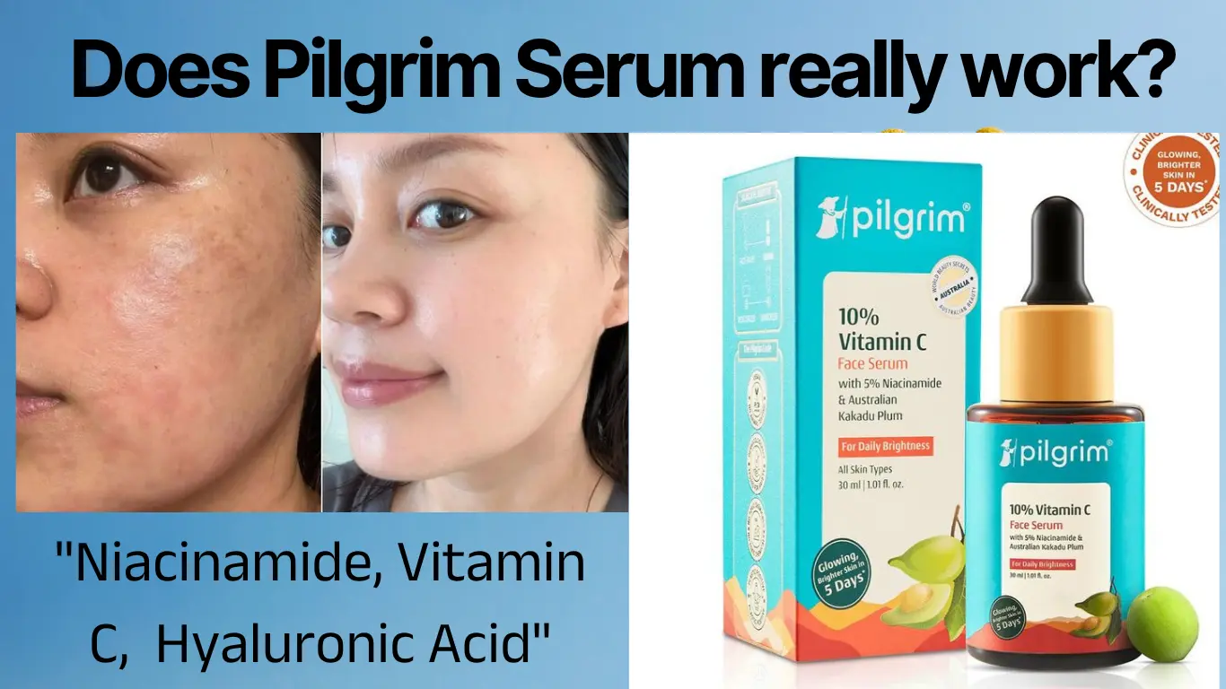 Pilgrim Vitamin c Serum thumbnail that describes Pilgrim serum has Niacinamide Vitamin c and Hyaluronic Acid and a bottle of Pilgrim serum