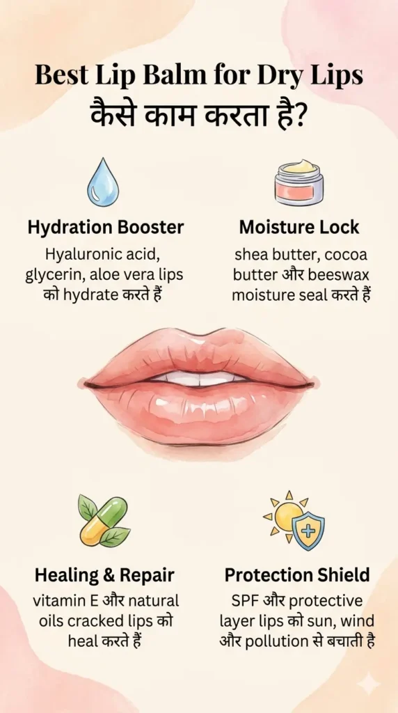 Best Lip Balm for Dry Lips कैसे काम करता है lips hydration protection infographic