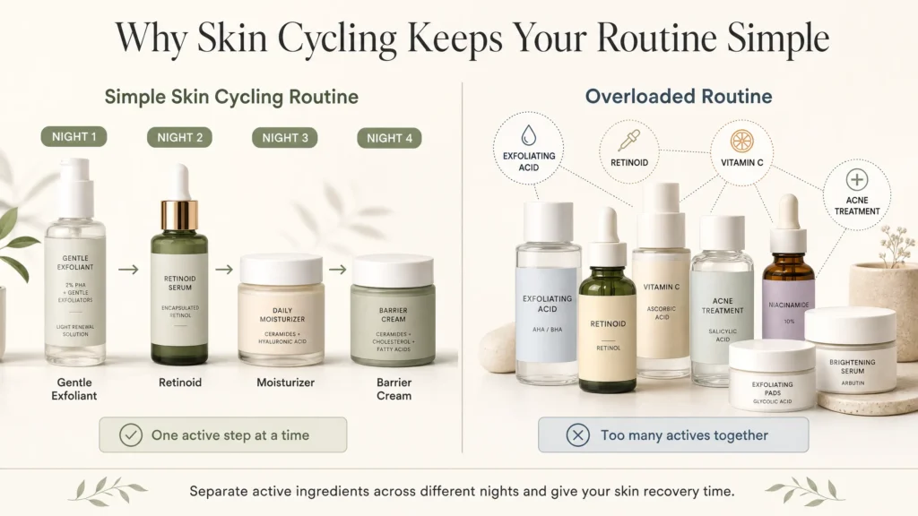 Simple skin cycling routine compared with an overloaded skincare routine