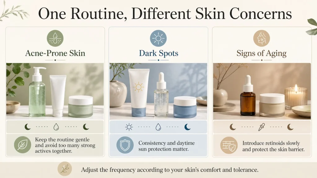 How to adjust a skin cycling routine for acne dark spots and signs of aging