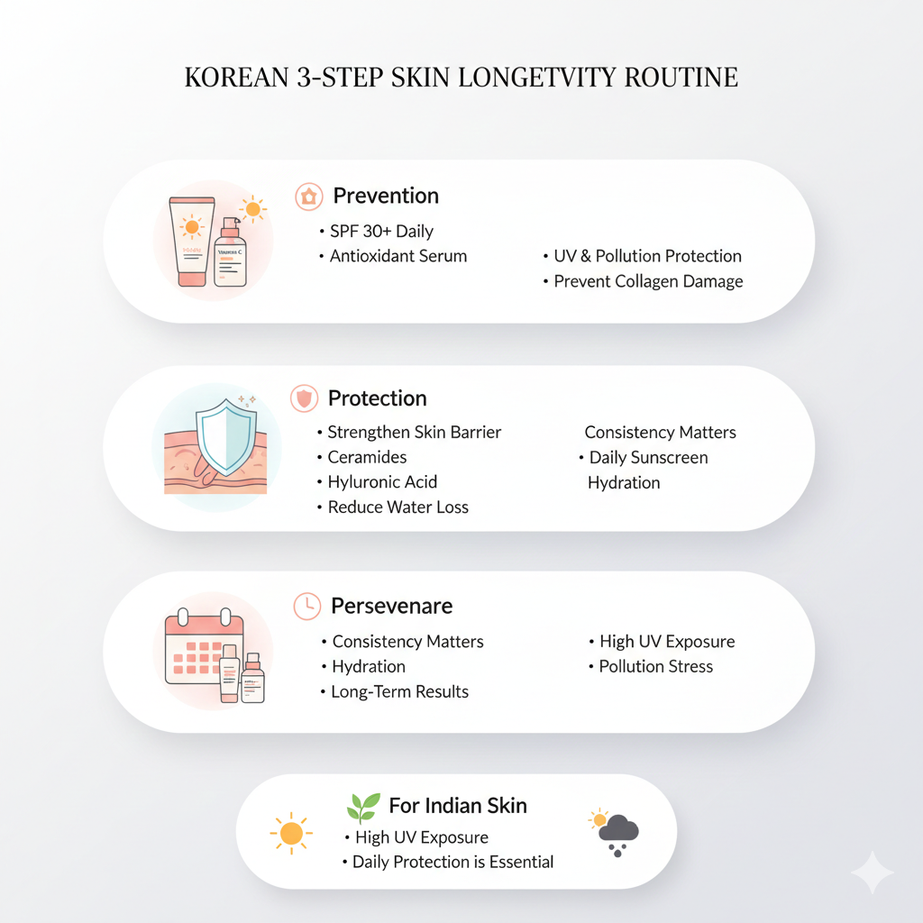 स्किन लॉन्गेविटी क्या है? 2026 का सबसे बड़ा स्किनकेयर ट्रेंड - पूरी गाइड 3 Korean 3 step skin longevity routine