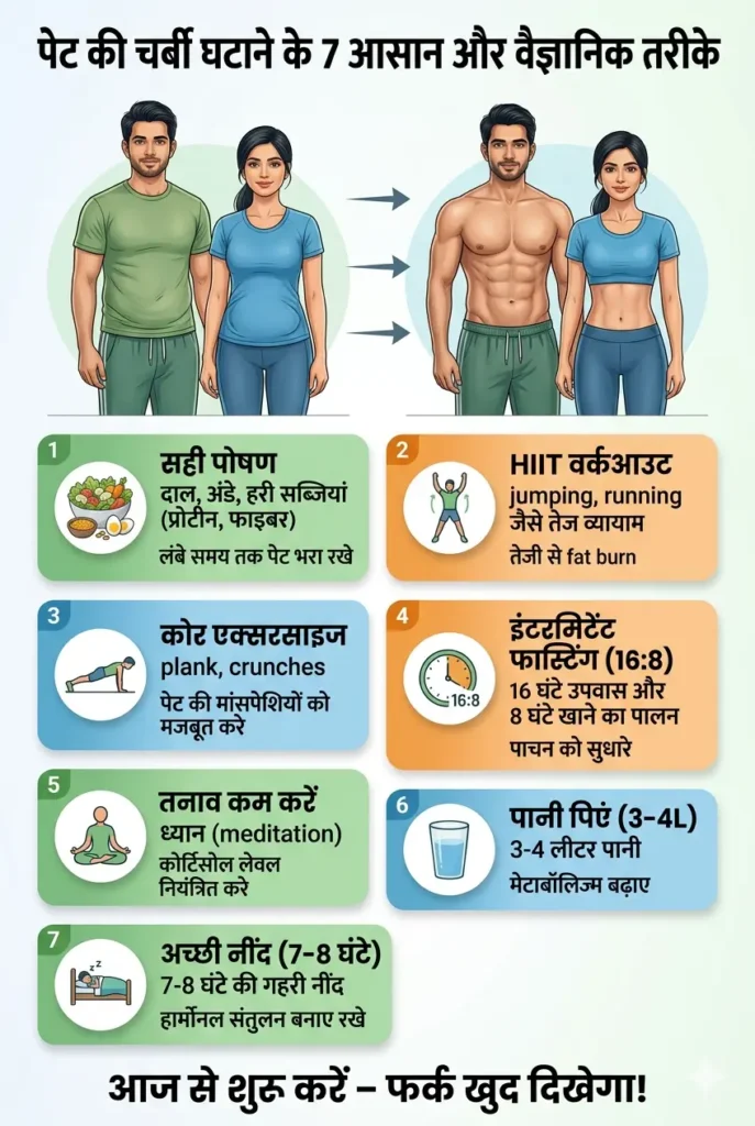 पेट की चर्बी कैसे घटाएं – 7 वैज्ञानिक तरीके infographic जिसमें डाइट, HIIT वर्कआउट, इंटरमिटेंट फास्टिंग, पानी, नींद और तनाव नियंत्रण के आसान उपाय दिखाए गए हैं
