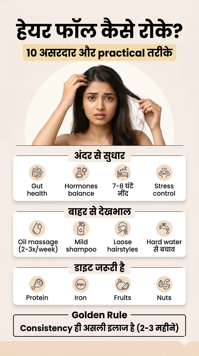 हेयर फॉल कैसे रोके – 10 असरदार और practical तरीके, hair fall control infographic in Hindi with diet, sleep, oil massage and stress control tips