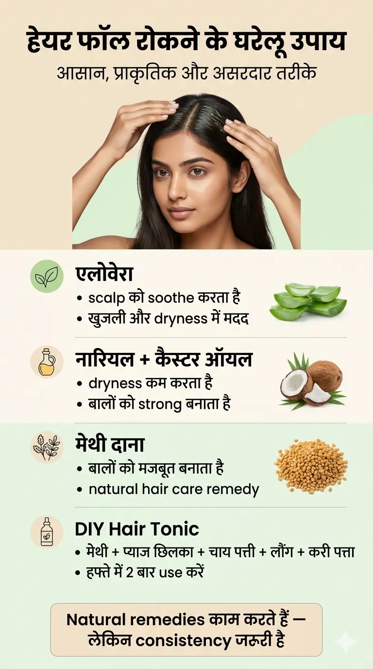 हेयर फॉल रोकने के घरेलू उपाय – aloe vera, नारियल और कैस्टर ऑयल, मेथी दाना और DIY hair tonic के साथ hair fall control infographic in Hindi