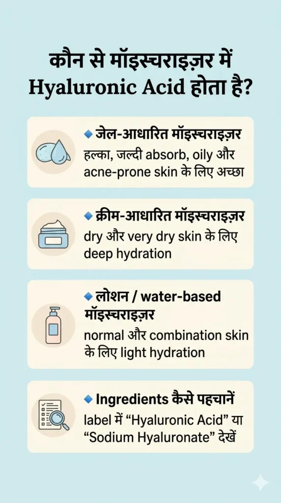 कौन से मॉइस्चराइज़र में Hyaluronic Acid होता है skincare infographic