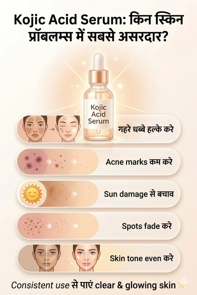 “कोजिक एसिड सीरम के फायदे दिखाता हिंदी स्किनकेयर इन्फोग्राफिक”