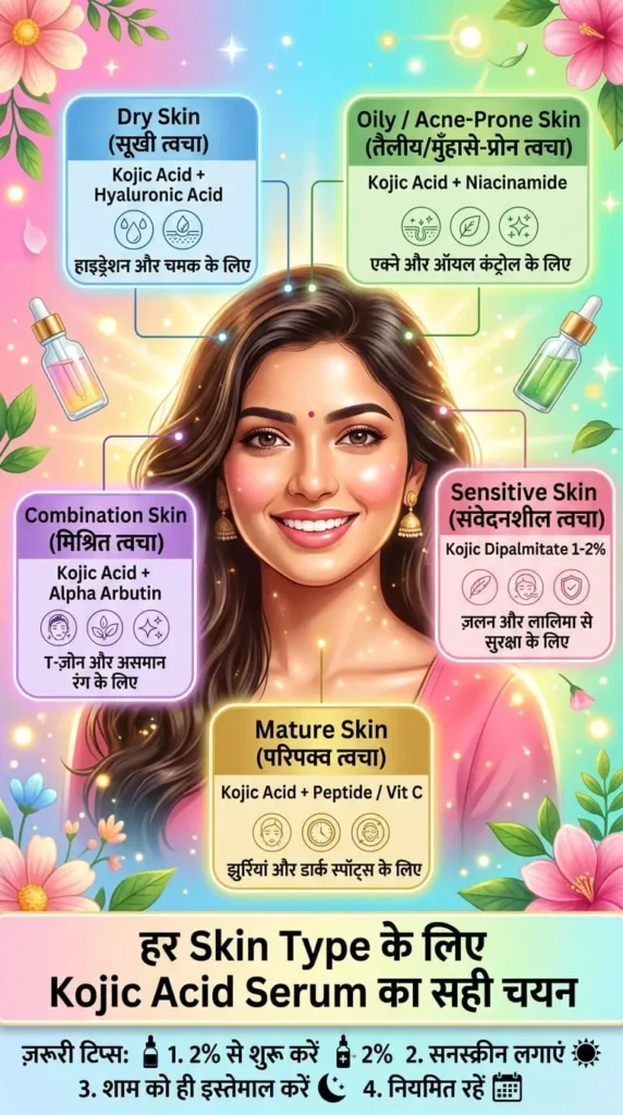"इन्फोग्राफिक: हर स्किन टाइप के लिए Kojic Acid Serum गाइड। Dry के लिए Kojic + Hyaluronic, Oily के लिए + Niacinamide, Sensitive के लिए 1-2% Dipalmitate, Mature के लिए + Peptides/Vit C, Combination के लिए + Alpha Arbutin। टिप्स: 2% से शुरू करें, sunscreen लगाएं।"