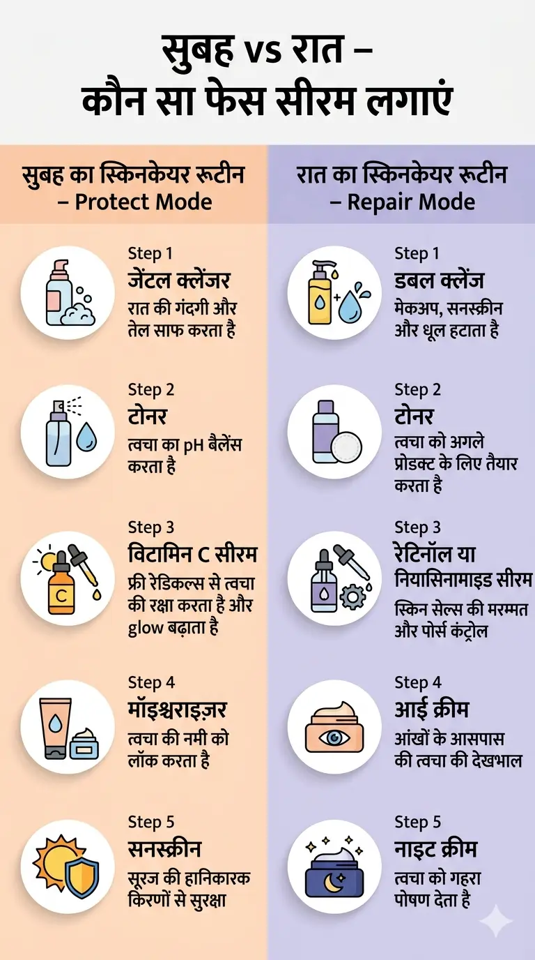 morning vs night serum skincare routine vitamin c retinol niacinamide infographic