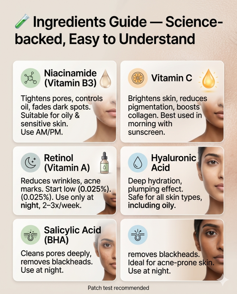 Science-backed skincare ingredients infographic for Indian skin featuring Niacinamide, Vitamin C, Retinol, Hyaluronic Acid, and Salicylic Acid with benefits like pore tightening, brightening, anti-aging, hydration, and acne control, shown in a clean dermatology-style layout with model skin visuals and usage tips (AM/PM, night routine).