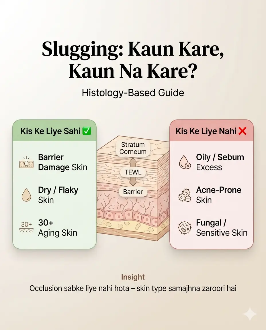 "Slugging kaun kare aur kaun na kare infographic – histology based guide with stratum corneum aur TEWL explanation
