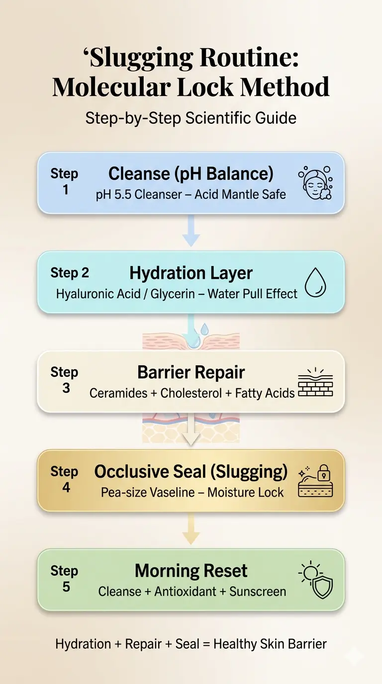 "Slugging routine step by step infographic – cleanse, hydrate, moisturize aur occlusive seal process Hindi mein explained"