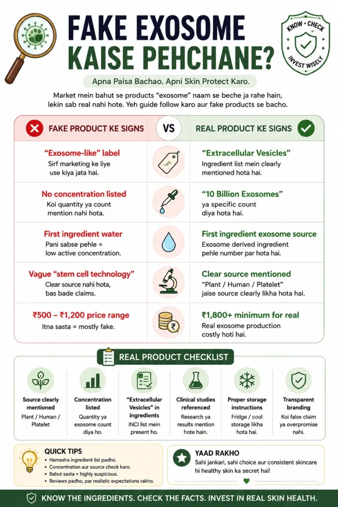 Fake Exosome Products Kaise Pehchane — clean aesthetic infographic with skincare-themed comparison cards, red flags vs real signs, soft pastel design, readable Hindi text, and premium minimal layout.