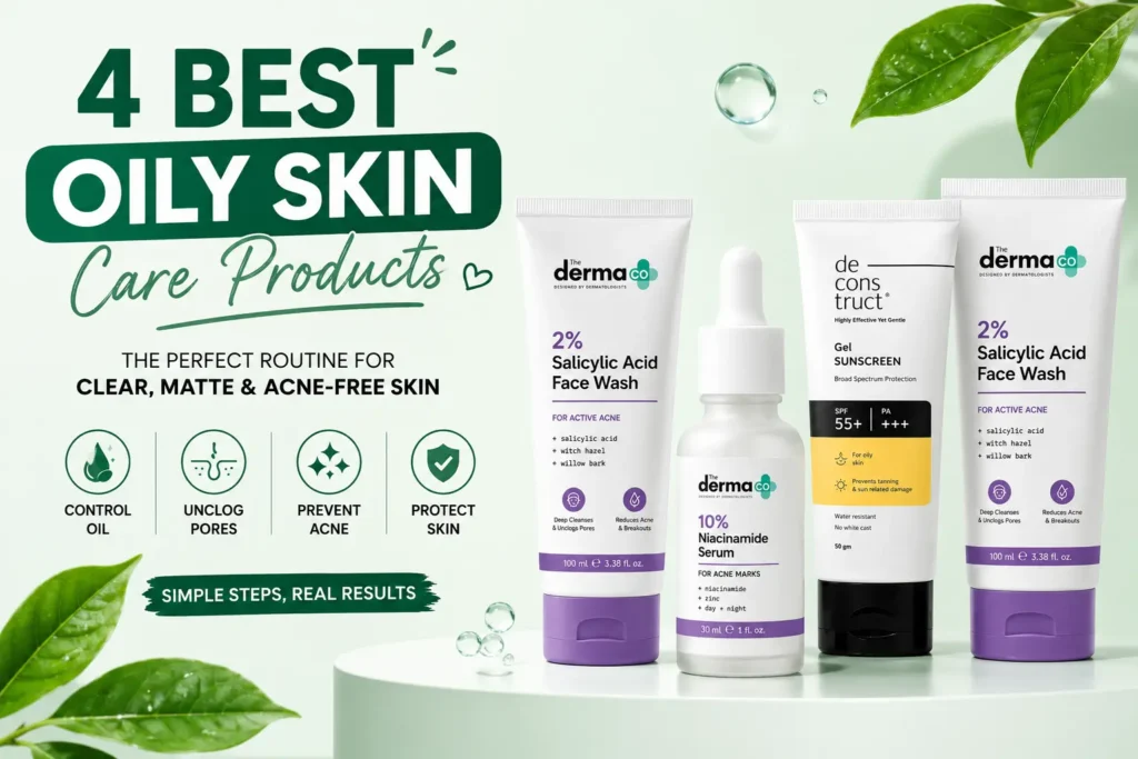 Infographic showing 4 best oily skin care products including salicylic acid face wash, niacinamide serum, gel sunscreen, and acne care essentials with step-by-step skincare routine, benefits, and clean green aesthetic design.