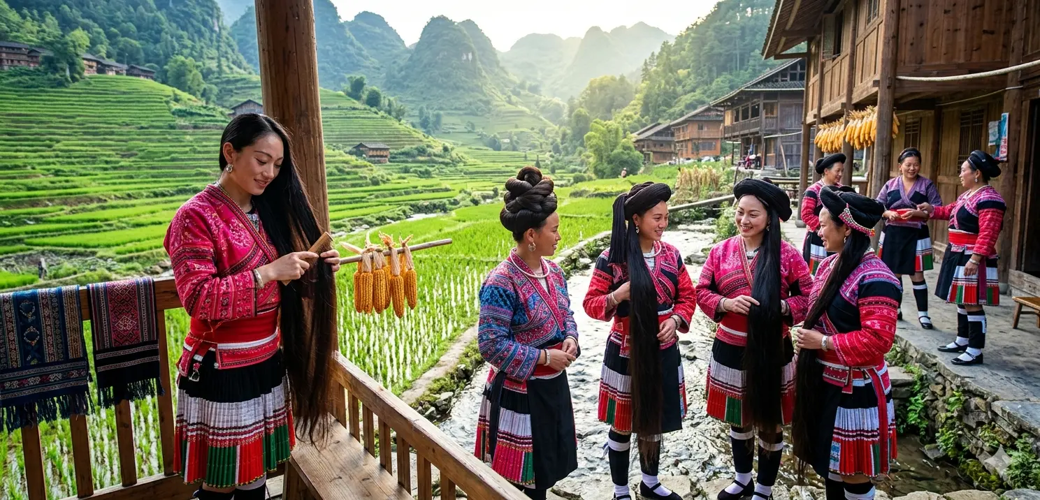 Yao women rice water hair secret Huangluo village