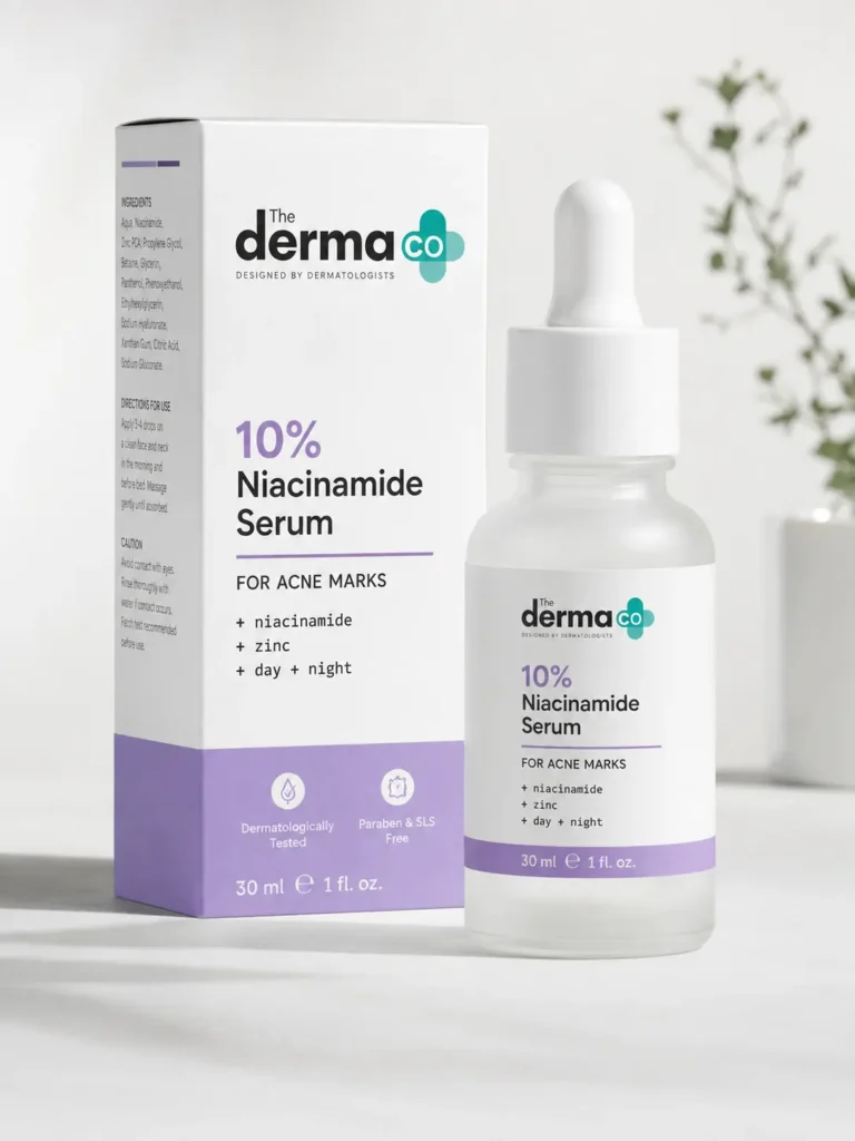 The Derma Co 10% Niacinamide Serum bottle with dropper and packaging box on a clean white background, minimalist skincare product photography style.