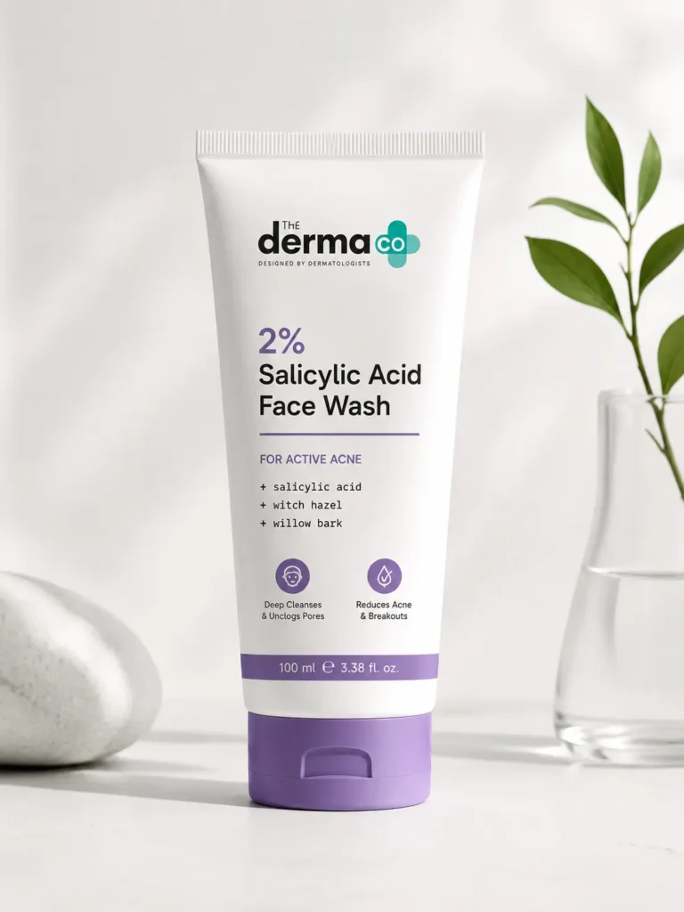 Minimalist style 2% Salicylic Acid Face Wash tube on a clean white background with soft lighting, aesthetic skincare product photography setup with stone and green plant elements.