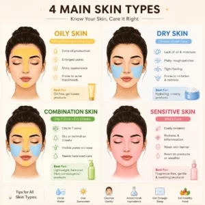 पिंपल कैसे हटाए: घरेलू उपाय, Skincare Routine, Diet और वो 5 Secret Remedies जो कोई नहीं बताता 6 Infographic showing oily, dry, combination, and sensitive skin types with face zones