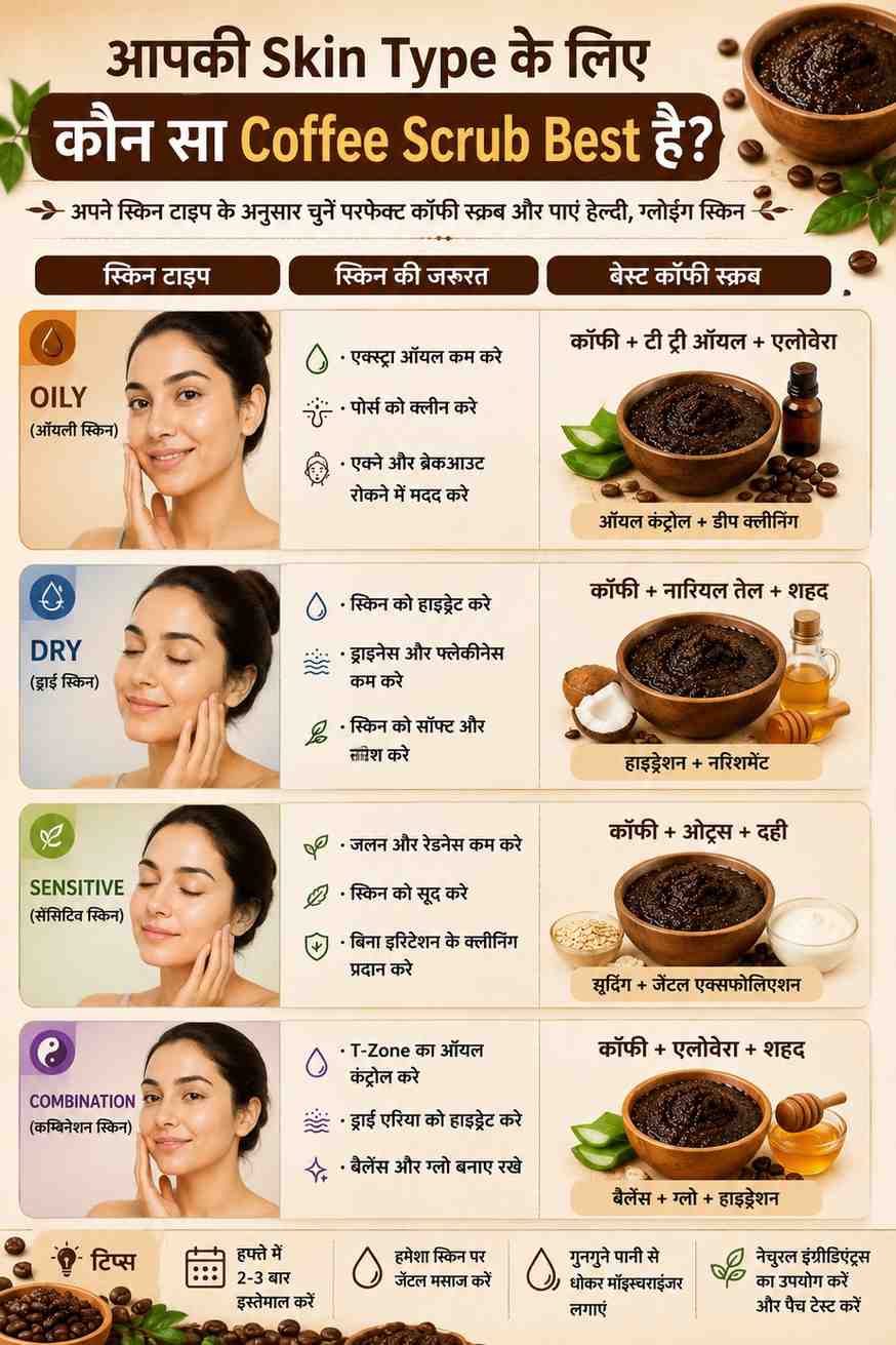 कॉफ़ी स्क्रब के फायदे: 10 Proven तरीके — पाएं बेहतरीन Glowing Skin! 5 Oily, Dry, Sensitive और Combination Skin के लिए सही कॉफ़ी स्क्रब गाइड