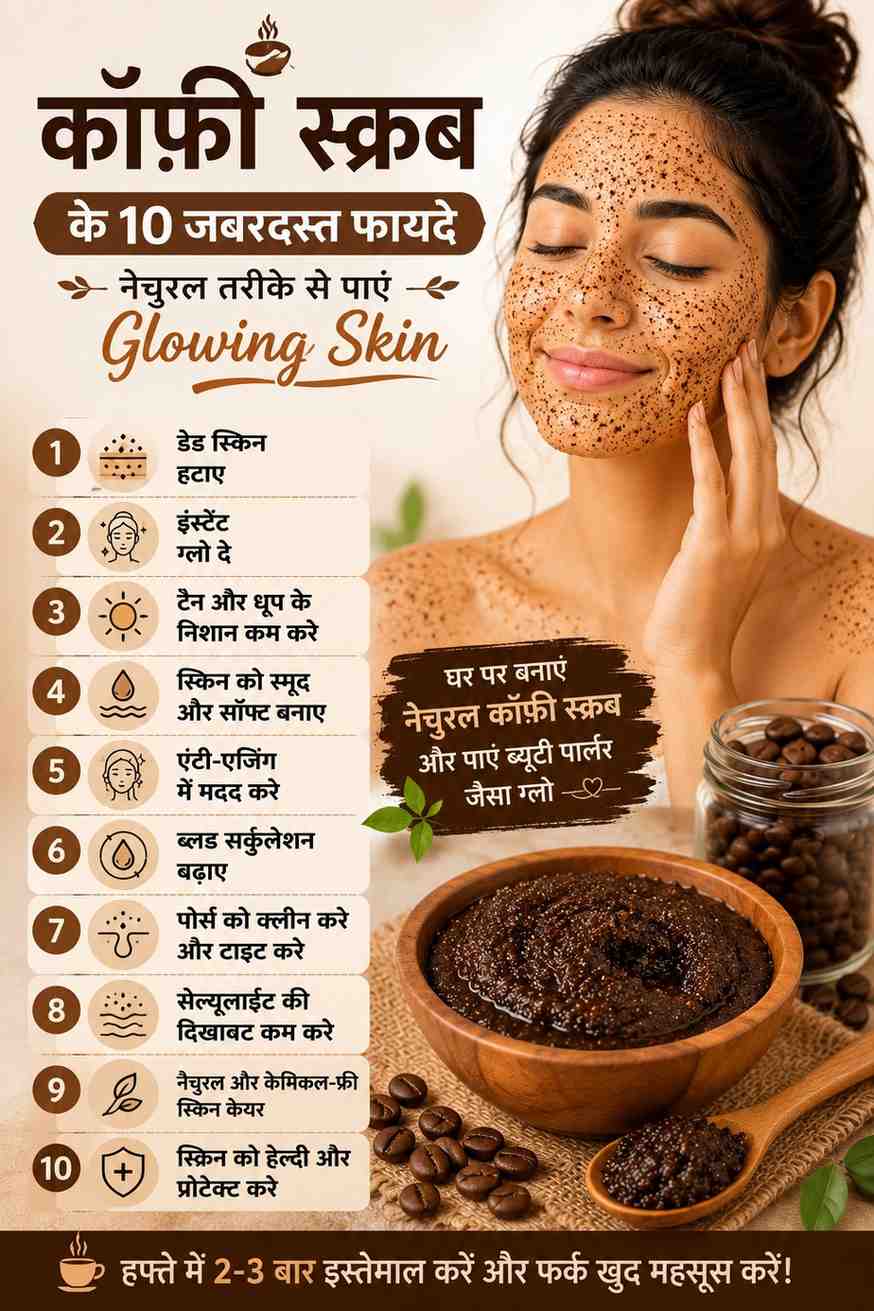 कॉफ़ी स्क्रब के फायदे: 10 Proven तरीके — पाएं बेहतरीन Glowing Skin! 2 कॉफ़ी स्क्रब के 10 जबरदस्त फायदे - डेड स्किन हटाने, ग्लो और मुलायम त्वचा के लिए