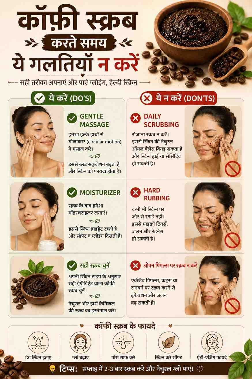 कॉफ़ी स्क्रब के फायदे: 10 Proven तरीके — पाएं बेहतरीन Glowing Skin! 6 कॉफ़ी स्क्रब करते समय क्या करें और कौन सी गलतियों से बचें