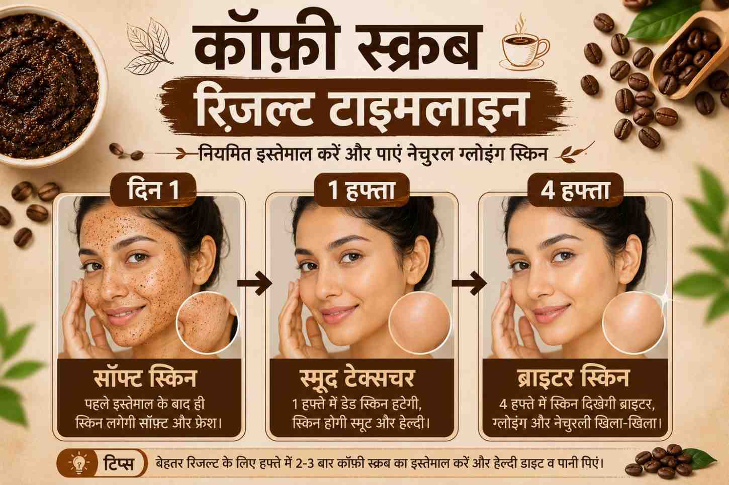 कॉफ़ी स्क्रब के फायदे: 10 Proven तरीके — पाएं बेहतरीन Glowing Skin! 7 कॉफ़ी स्क्रब इस्तेमाल करने के बाद Day 1, Week 1 और Week 4 के परिणाम