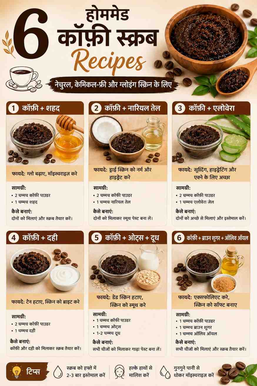 कॉफ़ी स्क्रब के फायदे: 10 Proven तरीके — पाएं बेहतरीन Glowing Skin! 3 घर पर बनाने की 6 आसान कॉफ़ी स्क्रब रेसिपी - कॉफी, शहद, एलोवेरा और नारियल तेल के साथ