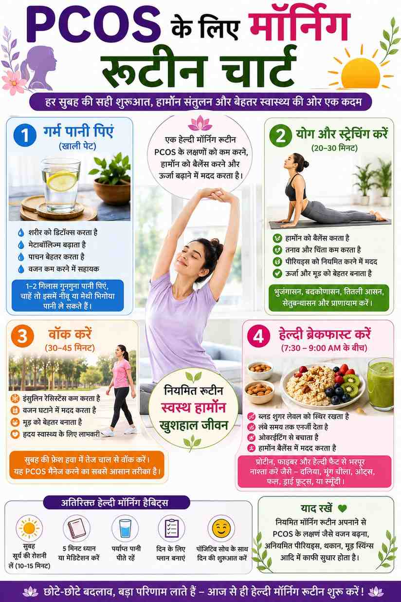 PCOS Morning Routine for Hormone Balance PCOS morning routine with water yoga walk and healthy breakfast