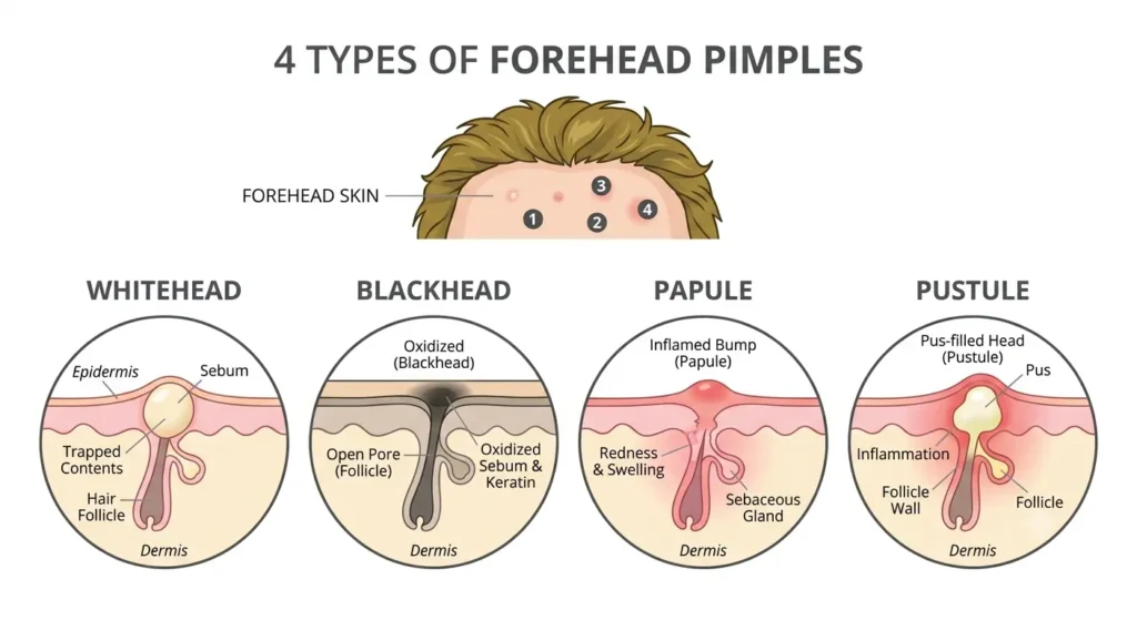Types of Forehead Pimples whiteheads, blackheads, papules, pustules 