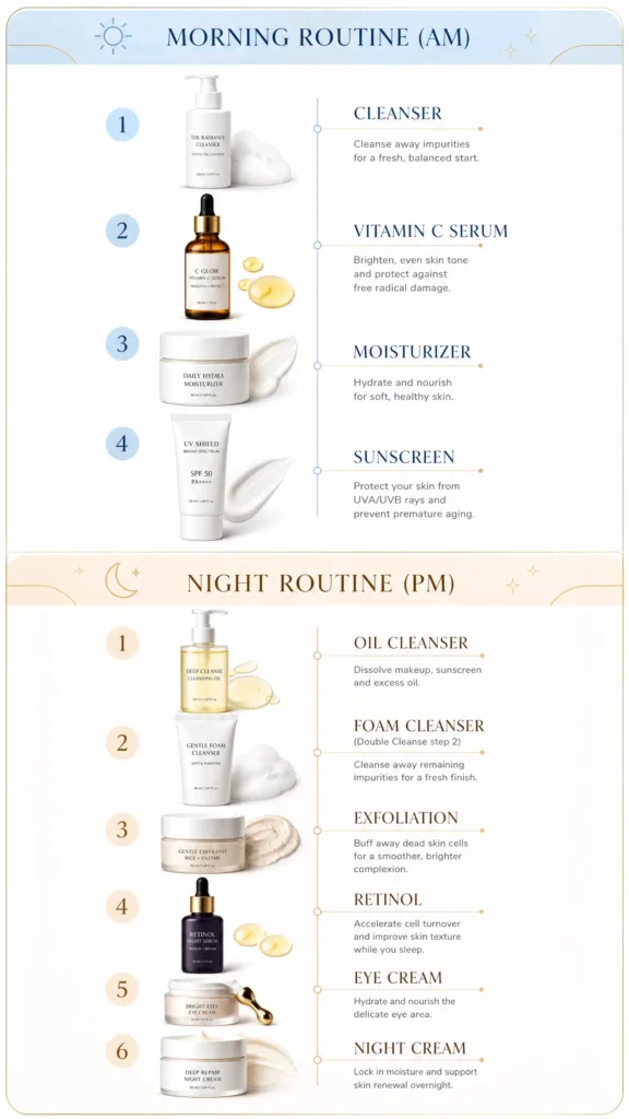 Anti-Aging Skincare Routine After 30: Simple Daily Routine for Healthy, Younger-Looking Skin 4 Morning and night anti-aging skincare routine after 30 showing the correct order of cleanser, vitamin C, sunscreen, retinol, and moisturizer