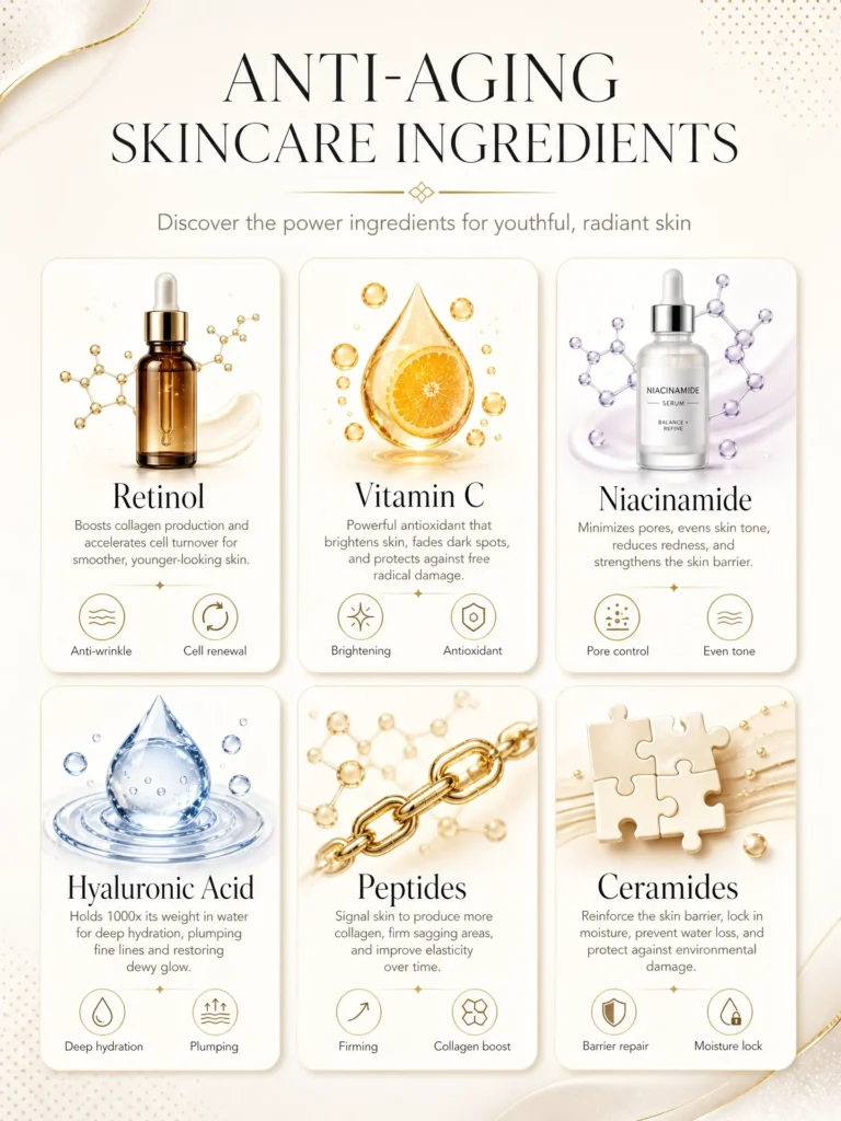 Anti-Aging Skincare Routine After 30: Simple Daily Routine for Healthy, Younger-Looking Skin 6 Comparison of the best anti-aging skincare ingredients after 30, including retinol, vitamin C, niacinamide, hyaluronic acid, peptides, and ceramides