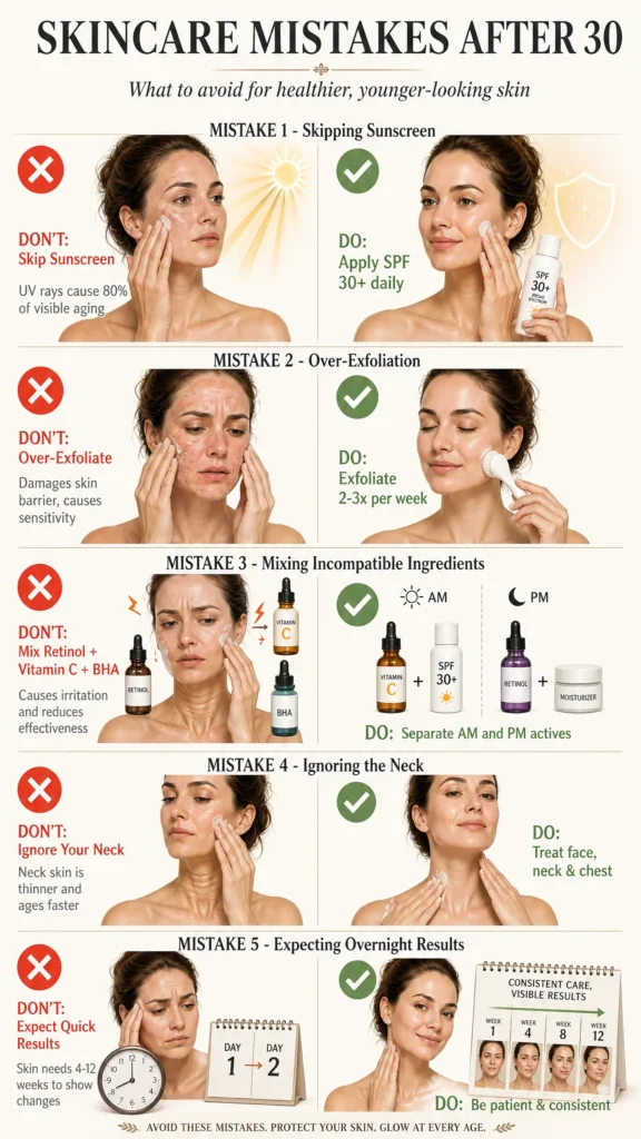 Anti-Aging Skincare Routine After 30: Simple Daily Routine for Healthy, Younger-Looking Skin 7 Infographic showing common skincare mistakes after 30, including skipping sunscreen, over-exfoliating, and using active ingredients incorrectly