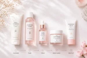 पिंपल कैसे हटाए: घरेलू उपाय, Skincare Routine, Diet और वो 5 Secret Remedies जो कोई नहीं बताता 10 Flat lay of cleanser, toner, serum, moisturizer, and sunscreen arranged in skincare routine order