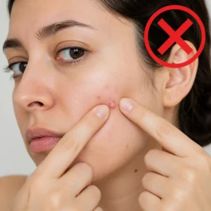 पिंपल कैसे हटाए: घरेलू उपाय, Skincare Routine, Diet और वो 5 Secret Remedies जो कोई नहीं बताता 12 Close-up of person squeezing a pimple with red warning symbol overlay