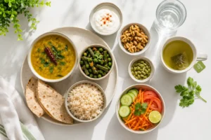 पिंपल कैसे हटाए: घरेलू उपाय, Skincare Routine, Diet और वो 5 Secret Remedies जो कोई नहीं बताता 11 Top-down view of healthy Indian meal with dal, vegetables, dahi, walnuts, pumpkin seeds, and green tea