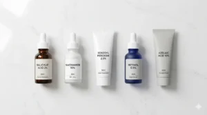 पिंपल कैसे हटाए: घरेलू उपाय, Skincare Routine, Diet और वो 5 Secret Remedies जो कोई नहीं बताता 9 An elegant, top-down flat lay on a white marble surface featuring natural skincare ingredients: a cup of spearmint tea with fresh leaves, a small bowl of pumpkin seeds, a glass bottle labeled 'Witch Hazel', a small bowl of sea salt, and a bundle of dried mulethi (licorice root) sticks tied with twine under soft studio lighting. Image 2: Active Skinca