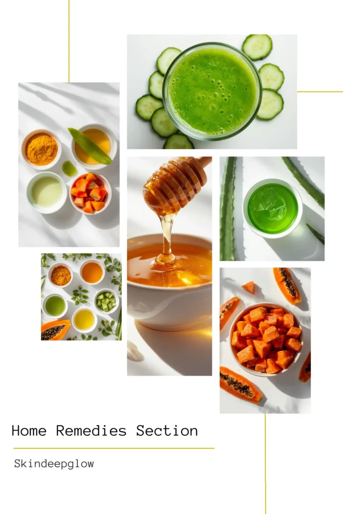 Natural home remedy ingredients turmeric honey aloe vera cucumber papaya for glowing skin