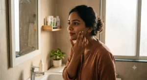 Young Indian woman with natural brown skin gently touching her cheek while looking into a mirror in soft natural light, featuring minimal makeup, natural hair, and a clean warm-toned bathroom background