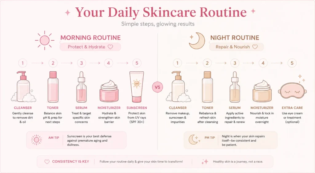 Toner for Glowing Skin 2026 — कौन सा Ingredient असली Glow देता है? (Science Guide) 8 Morning and night skincare routine steps with toner for glowing skin