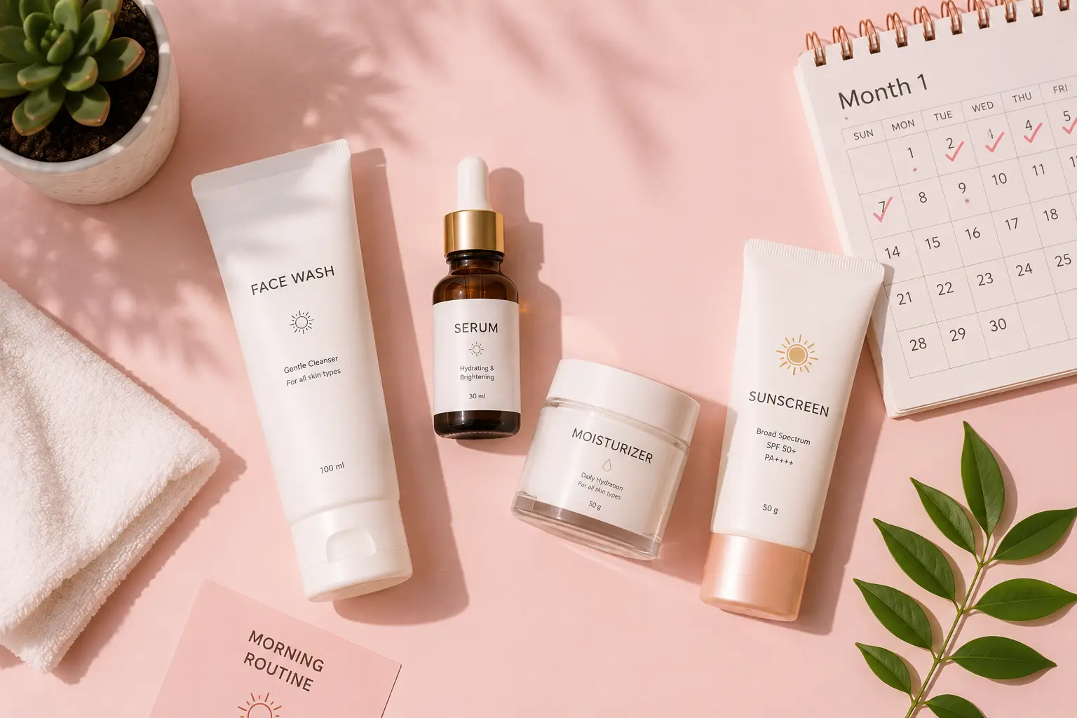 क्या 'Chemical-Free' Skincare सच में Better है? मैंने 1 साल research किया, Result आपके सामने 6 Minimal morning skincare routine with face wash, serum, moisturizer, sunscreen, and Month 1 calendar."