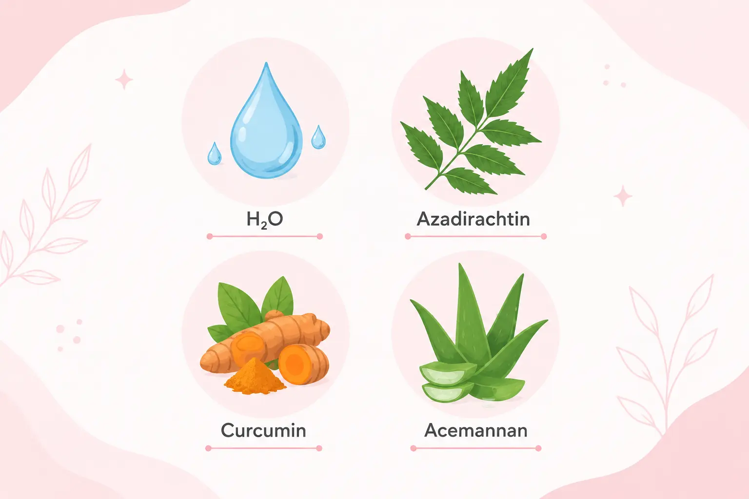 क्या 'Chemical-Free' Skincare सच में Better है? मैंने 1 साल research किया, Result आपके सामने 2 Minimal flat-style infographic showing natural skincare ingredients and their chemical names: water (H₂O), neem (Azadirachtin), turmeric (Curcumin), and aloe vera (Acemannan) on a soft pink and white background."