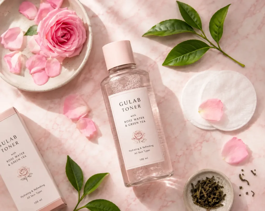 Flat lay aesthetic skincare photo on a soft pink marble surface featuring a glass toner bottle, cotton pads, rose petals, and green tea leaves in soft morning light with clean minimal Indian skincare vibes.