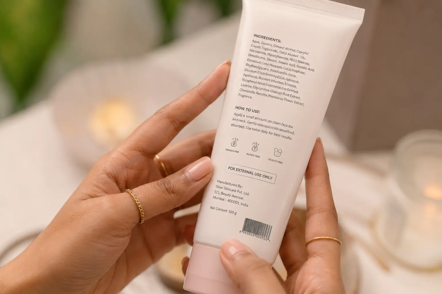 क्या 'Chemical-Free' Skincare सच में Better है? मैंने 1 साल research किया, Result आपके सामने 5 Indian woman reading the ingredient list on a skincare product label.