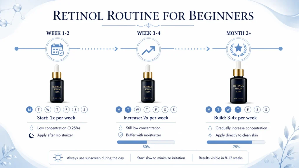 Anti-Aging Skincare Routine After 30: Simple Daily Routine for Healthy, Younger-Looking Skin 5 Retinol routine for beginners showing how to increase usage safely over the first two months
