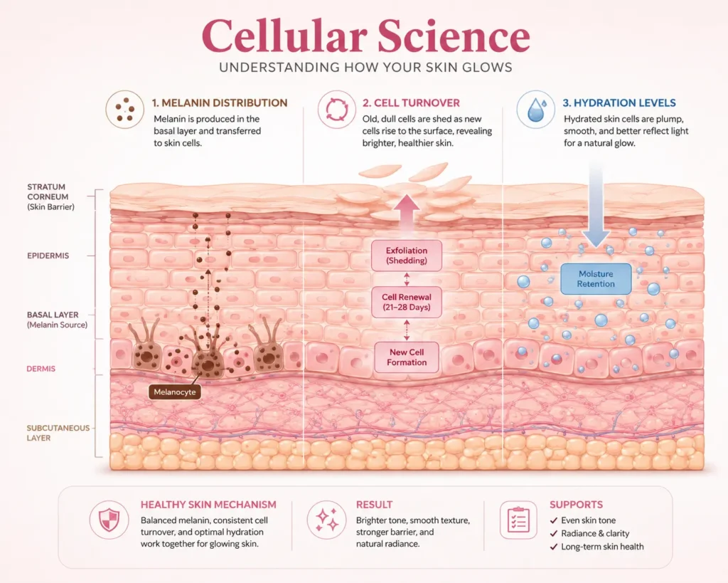 Toner for Glowing Skin 2026 — कौन सा Ingredient असली Glow देता है? (Science Guide) 2 Diagram showing skin layers melanin production and cell turnover for glow