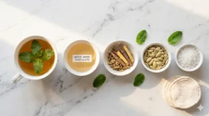 पिंपल कैसे हटाए: घरेलू उपाय, Skincare Routine, Diet और वो 5 Secret Remedies जो कोई नहीं बताता 8 Flat lay of spearmint tea, pumpkin seeds, witch hazel, sea salt, and mulethi on white marble surface