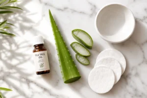 पिंपल कैसे हटाए: घरेलू उपाय, Skincare Routine, Diet और वो 5 Secret Remedies जो कोई नहीं बताता 7 Flat lay of tea tree oil, aloe vera leaf, cotton pads, and ceramic bowl on white marble surface
