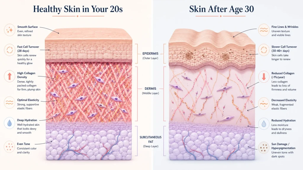 Anti-Aging Skincare Routine After 30: Simple Daily Routine for Healthy, Younger-Looking Skin 2 Infographic explaining why skin changes after 30, including collagen loss, slower cell turnover, and reduced skin elasticity