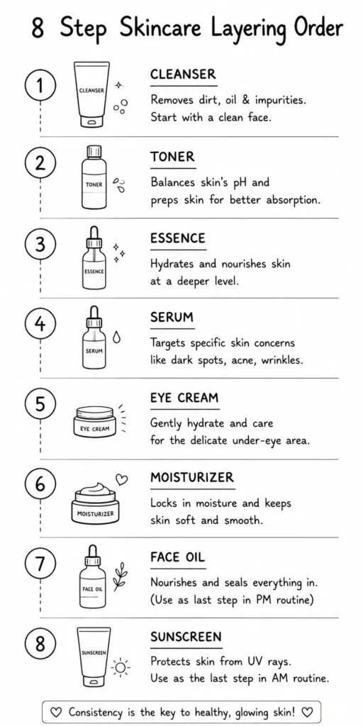 How to Layer Skincare Products Correctly: A Complete Order-Wise Guide 2 Simple 8-step skincare layering order infographic showing the correct routine from cleanser, toner, essence, serum, eye cream, moisturizer, face oil, to sunscreen in a vertical sequence.