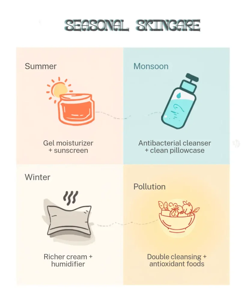 Ultimate Guide to Natural Skincare Routine for Sensitive & Acne-Prone Skin in 2026 7 Seasonal skincare routine for Indian weather - summer, monsoon, winter, pollution defense tips