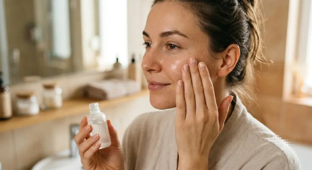 10 Best Centella Asiatica (Cica) Serums in India (2026) 7 Person applying Centella Asiatica serum onto cheeks during an evening skincare routine